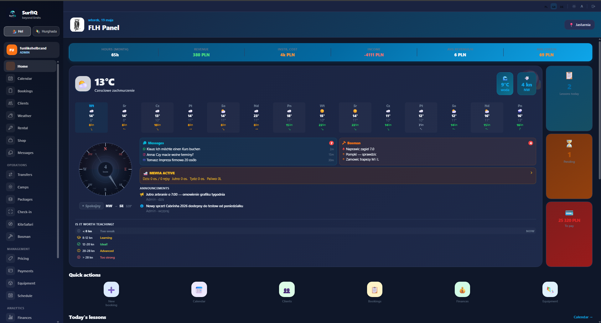 SurfIQ — Dashboard mit Wetter, Transfer 2nd Spot und Windrose