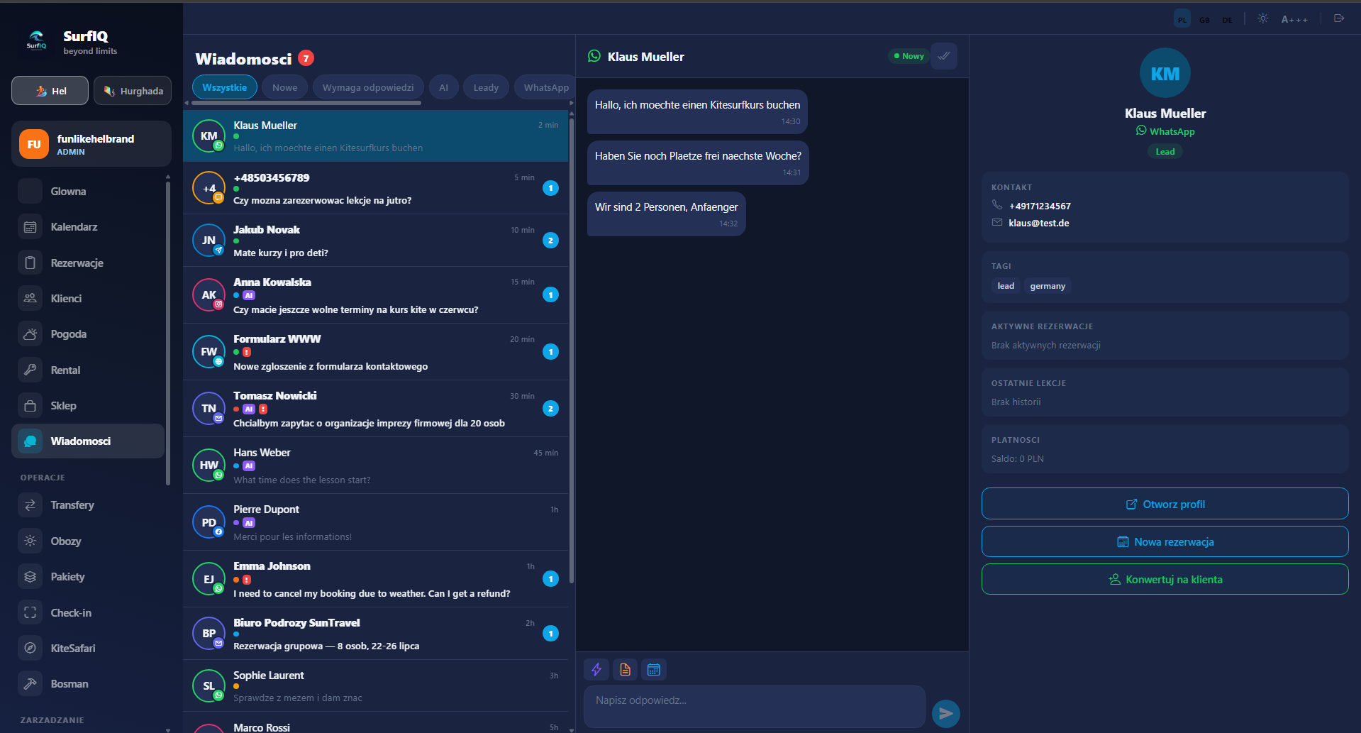 SurfIQ Inbox — dark mode, wszystkie kanały w jednym
