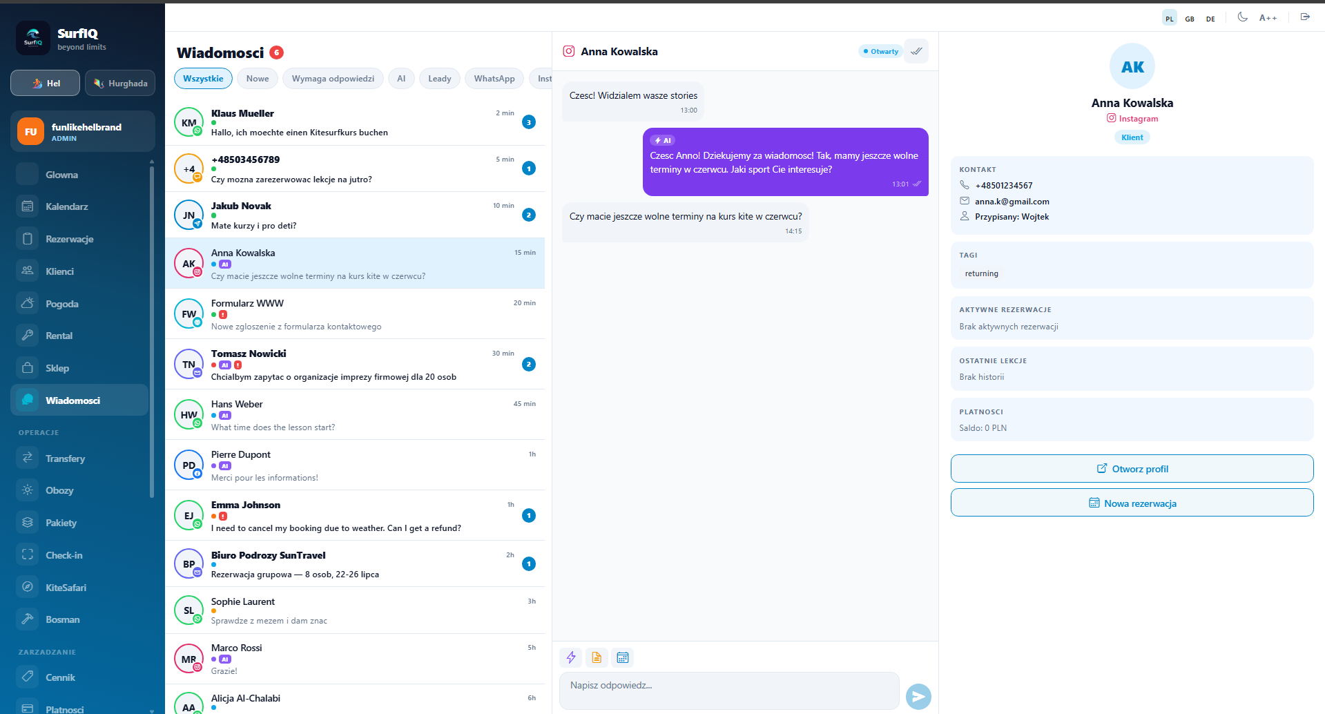 SurfIQ Inbox — rozmowa z klientem